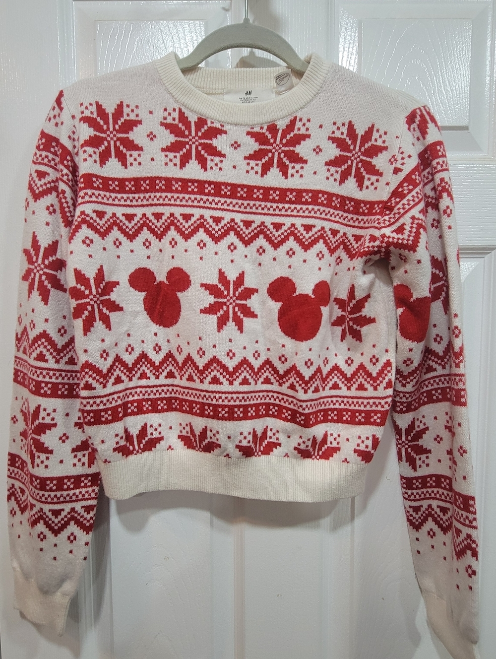 H&M Disney White & Red Fair Isle Crew Neck Sweater with Mickey Motifs, Size US20